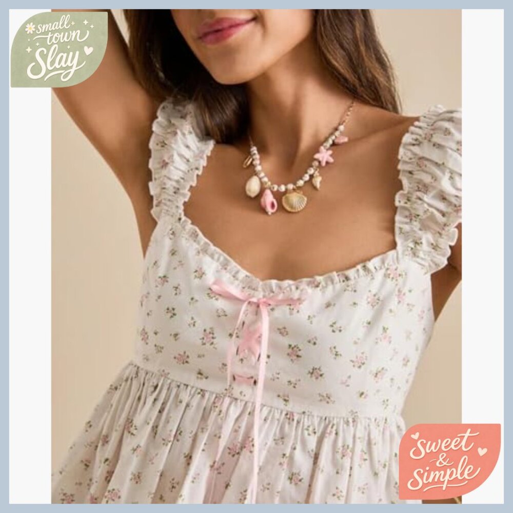 Floral Babydoll Top Smocked Back Cap Sleeves Summer Tank - Picture 2 of 4